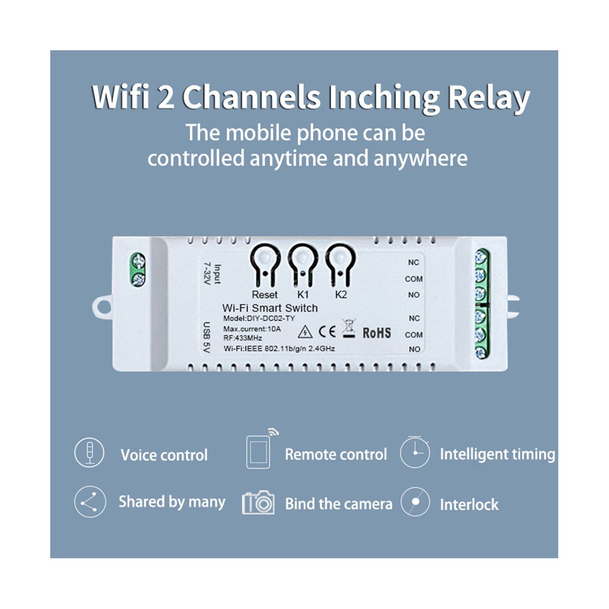 2CH Tuya WiFi Smart Switch DIY Timer 7-32V USB 5V 2.4G