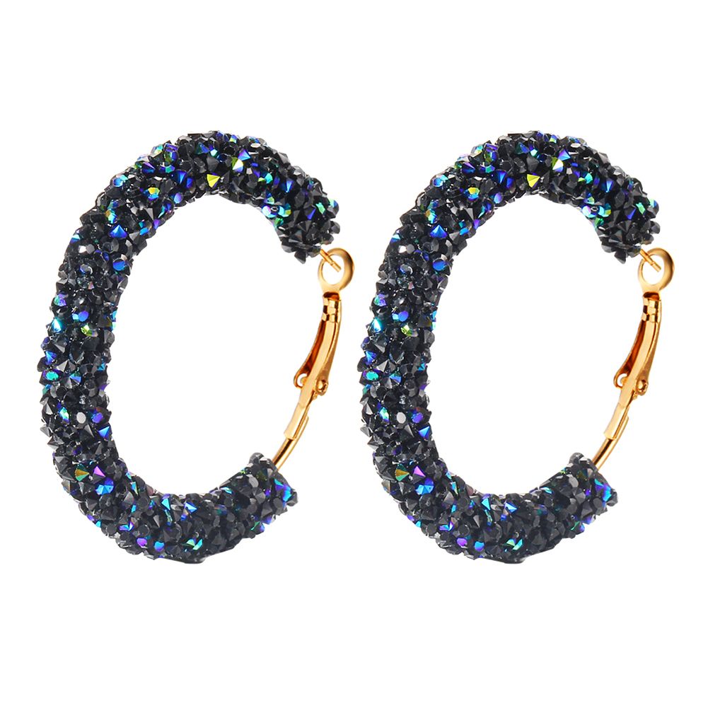 Women Rhinestone Inlaid Geometric Big Round Drop Hoop-Blue
