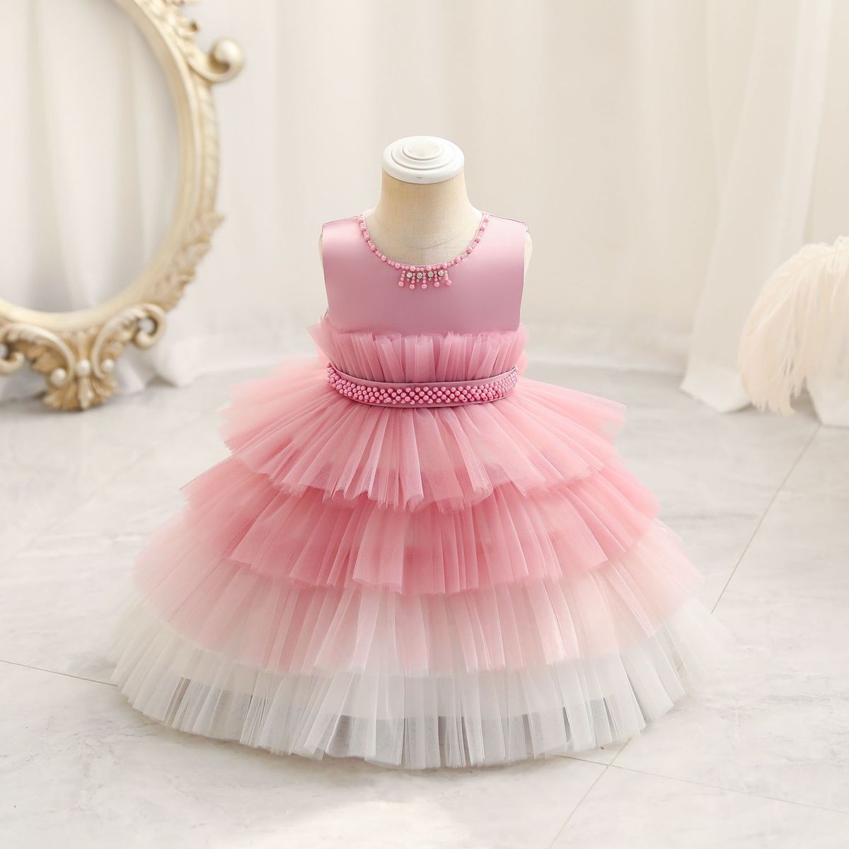 GIRL PLEATED MIX COLOUR MULTILAYER  BALL GOWN - PINK - G58