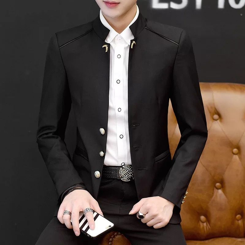 Stand Collar Slim Suit Men's Wedding Dress - Black