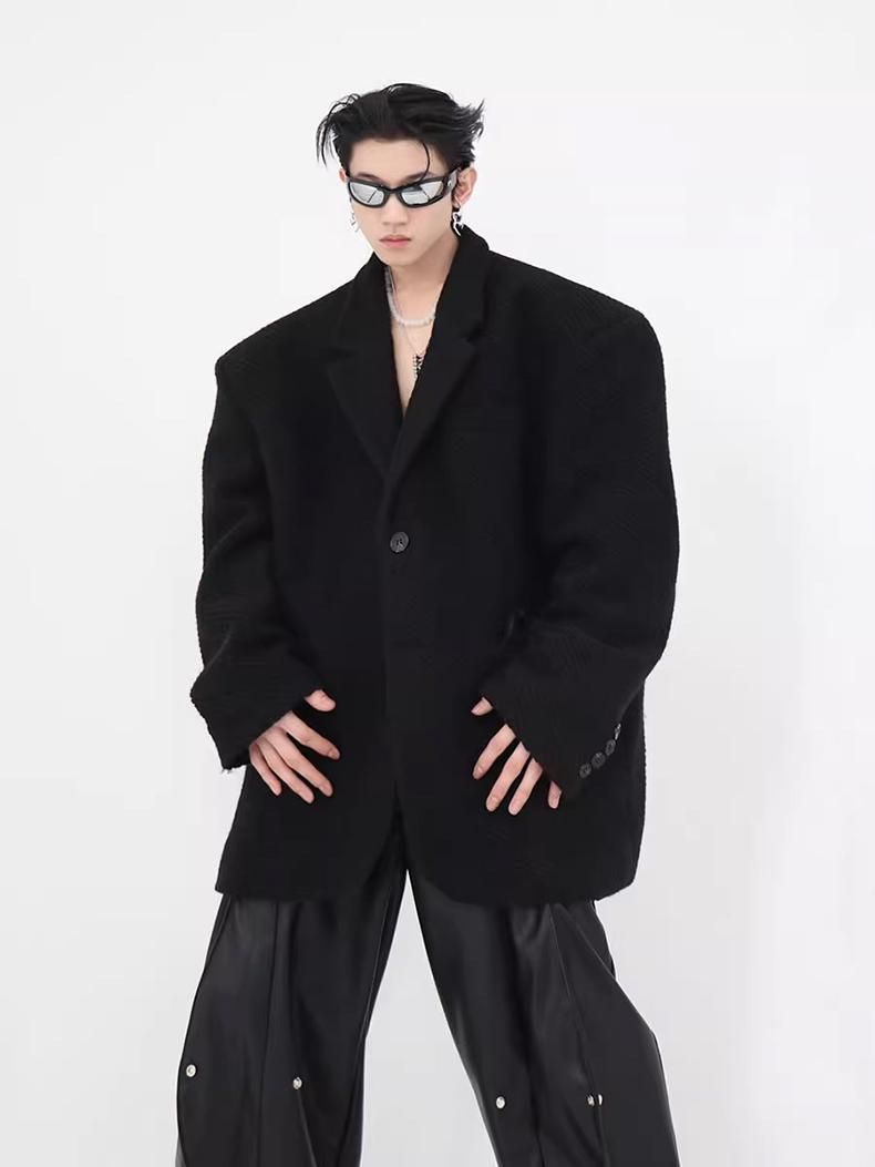 Mauroicardi Spring Autumn Oversized Casual Stylish BlaWoolen Bs for Men Shoulder Pads Long Sleeve Loose Korean