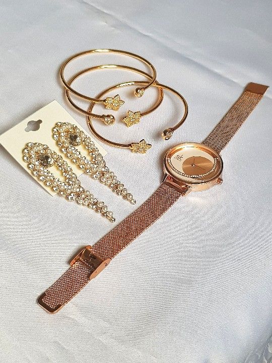 Trendy Gold Bangle, Gold Earring And Rose Gold Wristwatch Set