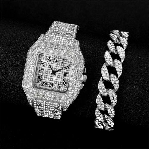 Men's Luxury Diamond Studded Steel Band Watch+diamond Studded Bracelet