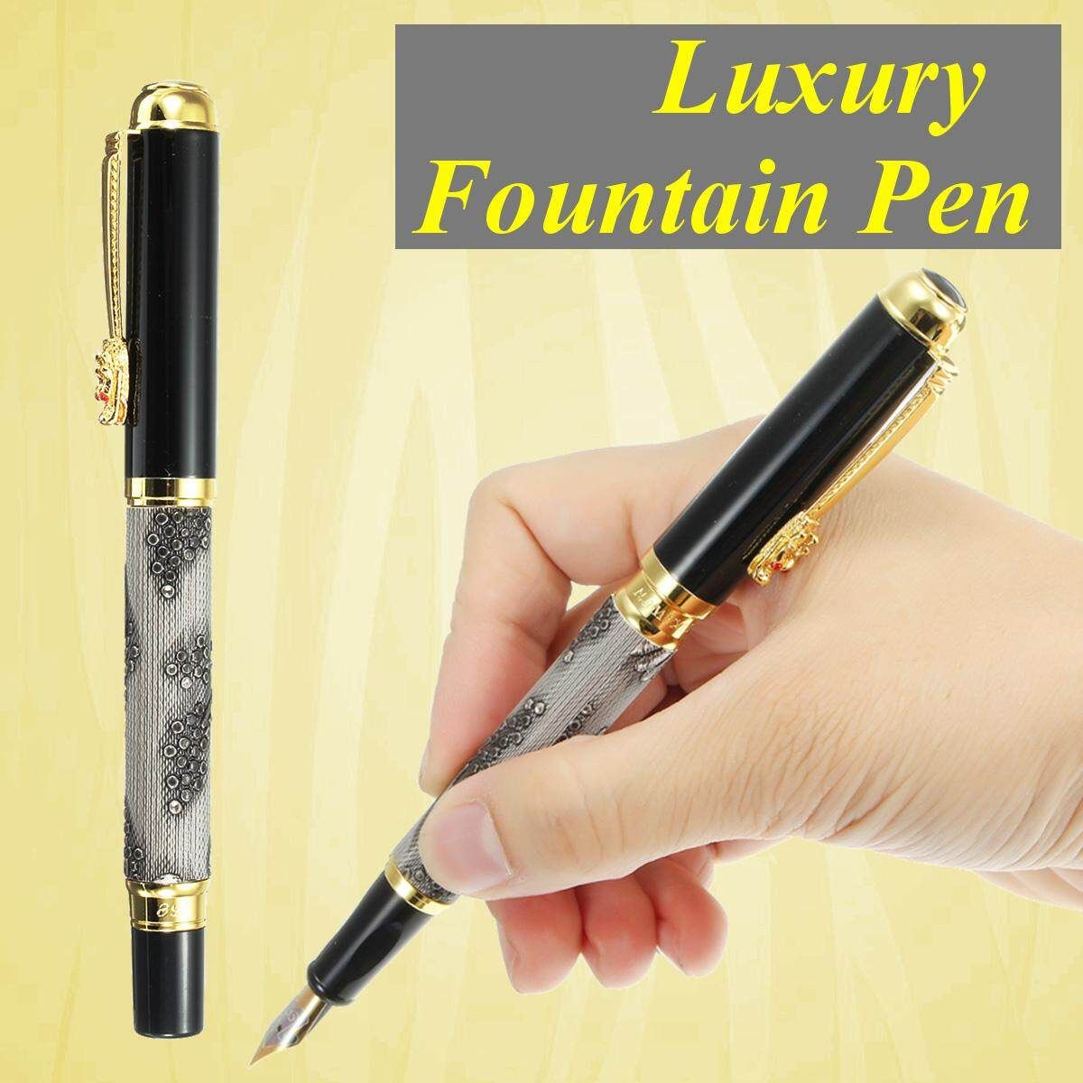 Fountain Pen Grey With Gold Dragon Clip Calligraphy Nib Fine Luxury Writing Pen Grey