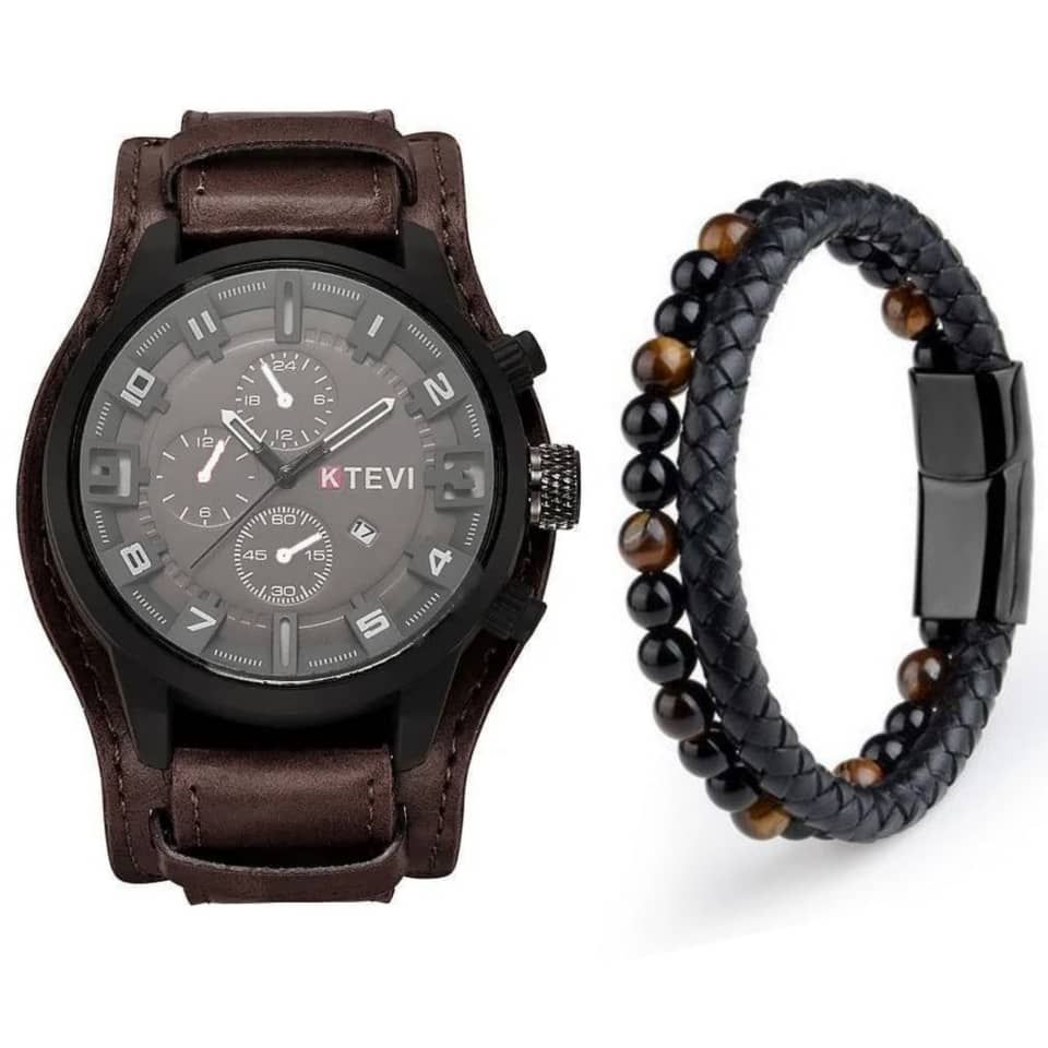 Exotic Leather Strap Men Watch With Bracelet- Brown