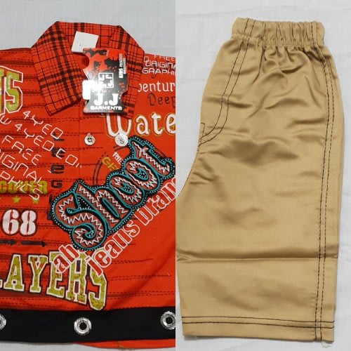 Boys Short Sleeve Checked Shirt With Chinos 3/4 Short-2pc Set - Red