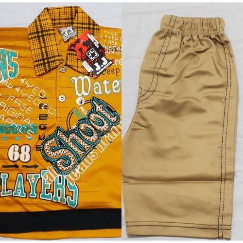 Boys Short Sleeve Checked Collar T-Shirt With Chinos 3/4 Short - Yellow