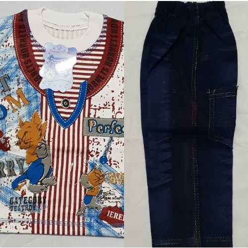 Boys Long Sleeve Checked Collar T-Shirt With Jeans Trouser