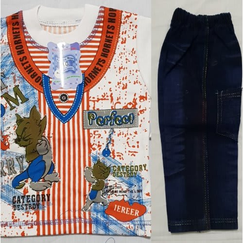 Boys Long Sleeve Round Neck T-Shirt With Jeans Trouser - Multicolour