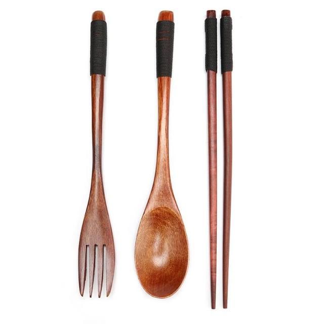 Portable Japanese Wood Chopsticks Fork Spoon Tableware