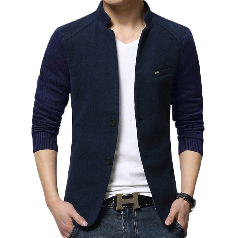 Mens Blazer Patchwork Suits For Men Top Quality Blazers Slim Fit Woolen Outwear Coat Costume Homme Blazer Men-Navy Blue