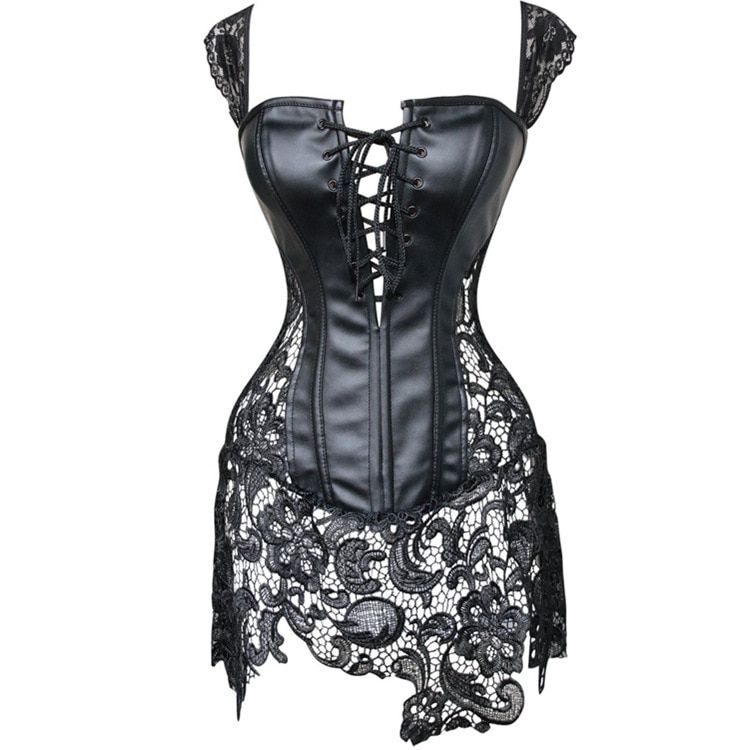 S-6XL PVC Black And Red Corset Steampunk Waist Best Lace Lady Leather-Black