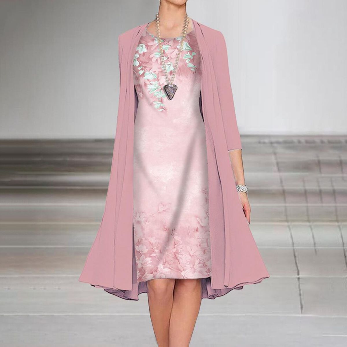 Ladies Dress Set Spring Summer 3/4 SleeveCardigan Dress Floral Print-Pink
