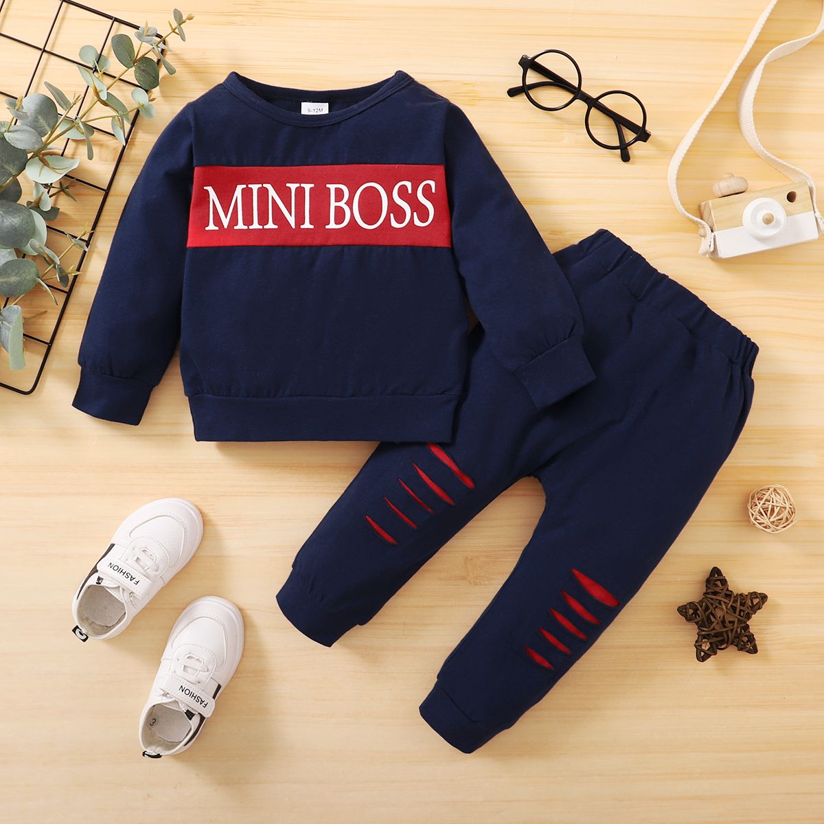 MINI BOSS Baby Boys Fashion Long Sleeves Outfit Set -Navy Blue