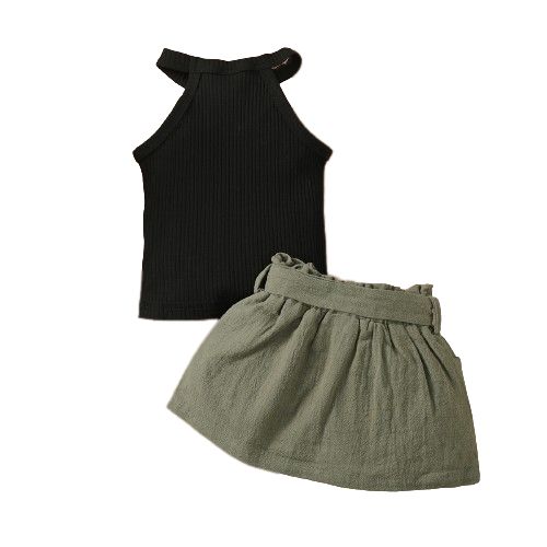 3-24 Months Baby Girl Plain Ribbed Hanging Neck Top+Skirt