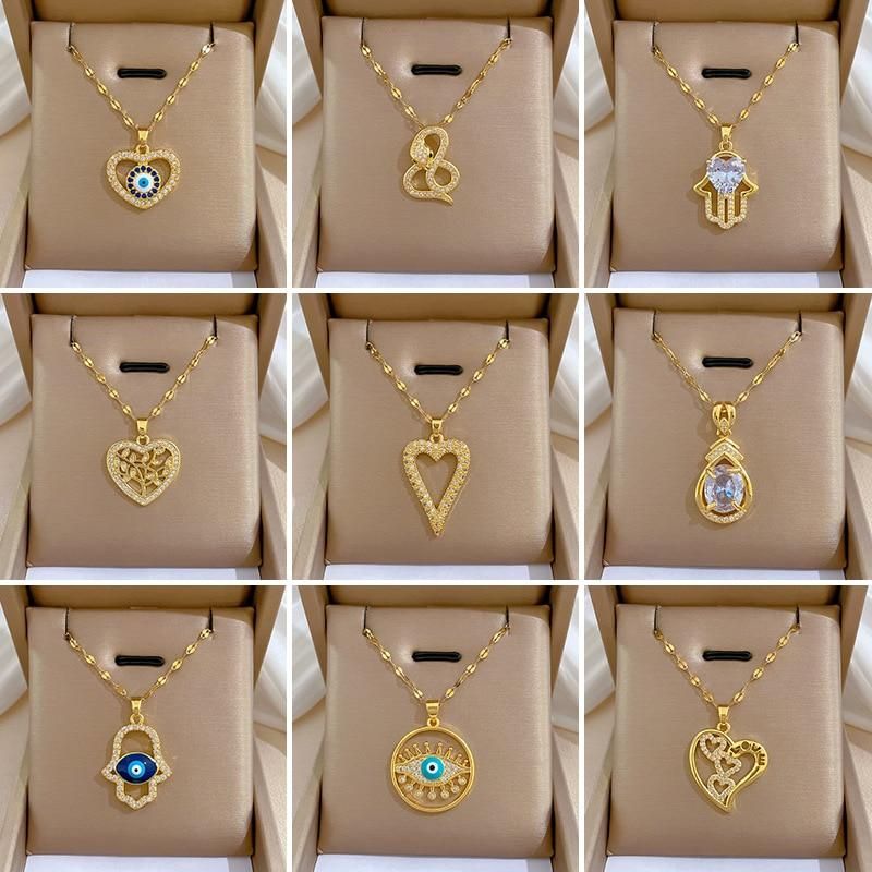 Flashbuy Exquisite 316L Stainless Steel Rhinestone Heart Evil Eye Pendant Necklace For Women Fashion Girls Charm On Neck Jewelry