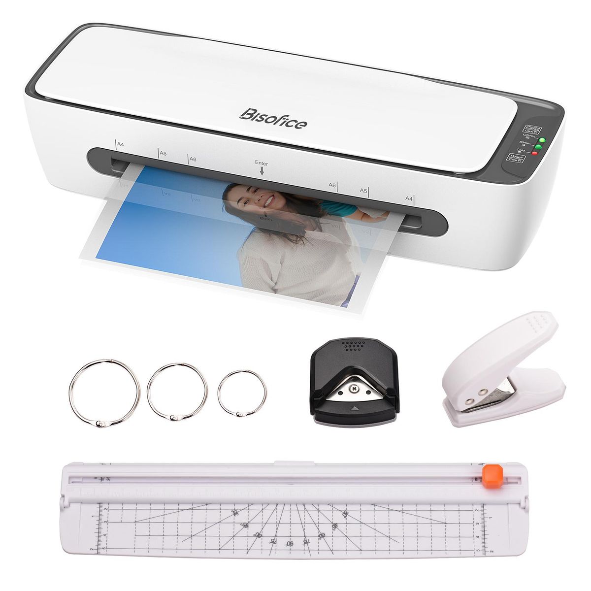 Bisofice SL688 Desktop Laminator Machine Set A4 Size Multifunctional Hot and Cold Lamination 2 Roller System 9 inches Max Width with Paper Cutter Trimmer Rounder Hole Puncher Binding Hoop Suitabe for A4/A5/A6 Laminating Pouch