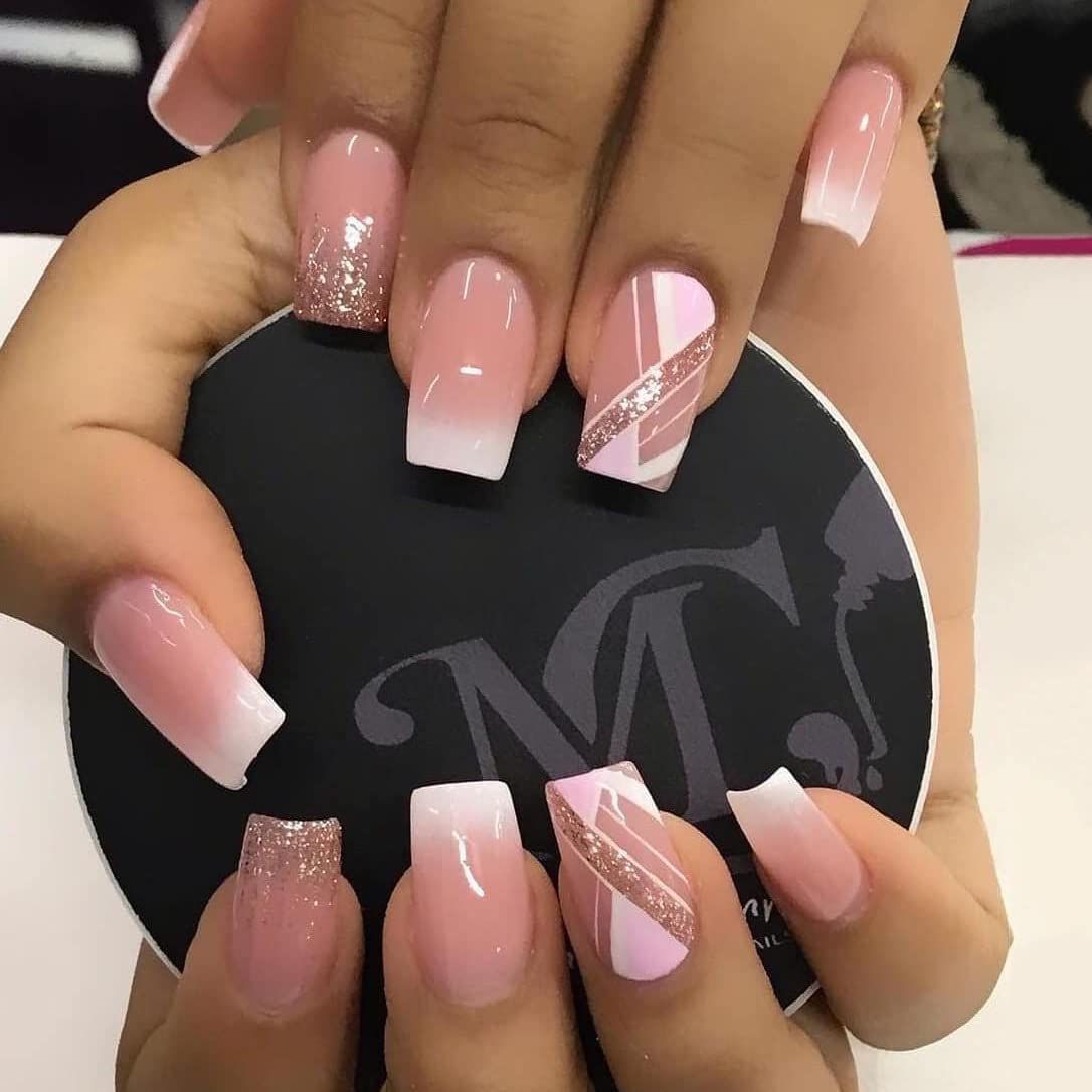 24Pcs Press On Nails Short French Tips Nails Glossy Fake Nails With Pink Square Shape Design