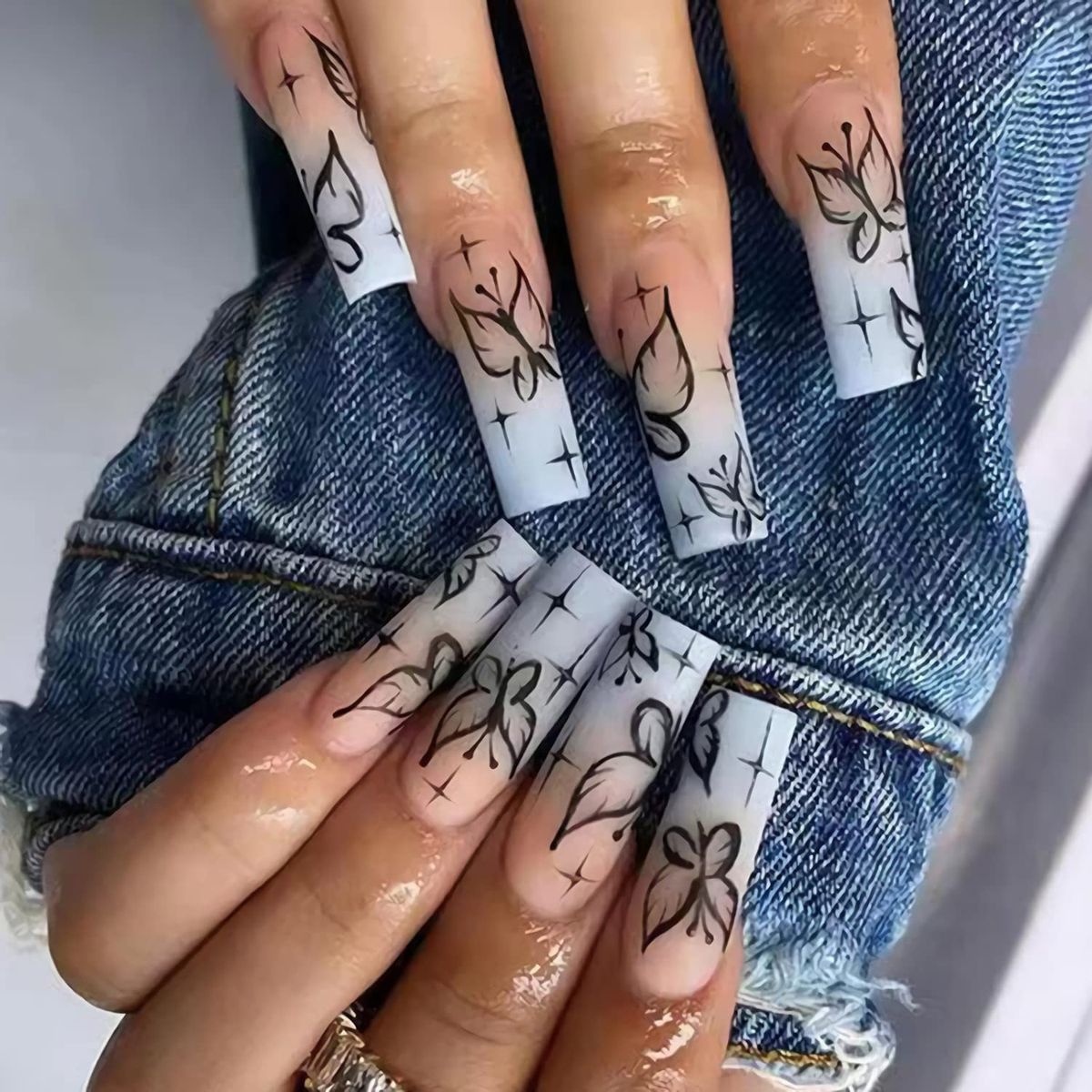 Coffin Press On Nails Long Fake Nails Blue French Tip Ballerina Acrylic Nails Butterfly 24pcs