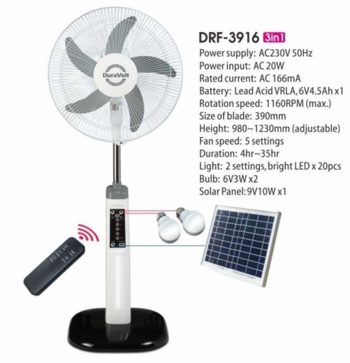 16 Inches -3 In 1 Rechargeable Fan +Solar Panel + 2-Bulbs