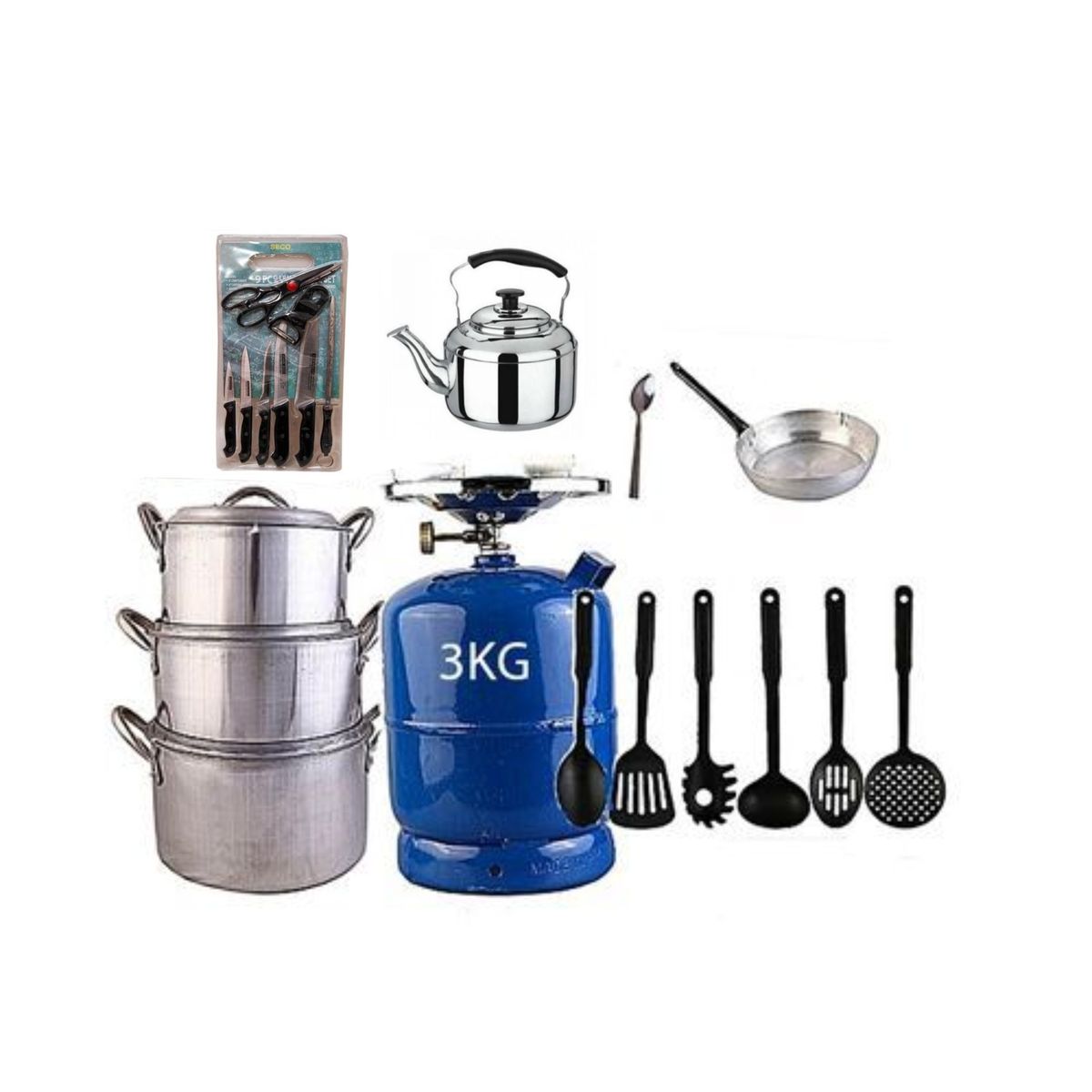 Economy Kitchen Bundle (3kg Gas Cylinder + Set Of 3 Pots + 1 Kettle + 1 Frying Pan + 1 Set Of Non-stick Frying Spoons + 1 Small Knife + 1 Set Of Table Spoons)