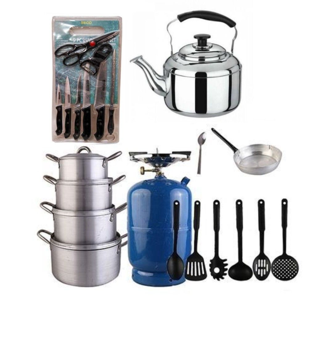 Economy Kitchen Bundle - (4 Pots + 1 Kettle + 1 Frying Pan + 1 Set Of Non-stick Frying Spoons + 1 Small Knife + 1 Set Of Table Spoons & 3kg Gas Cylinder)