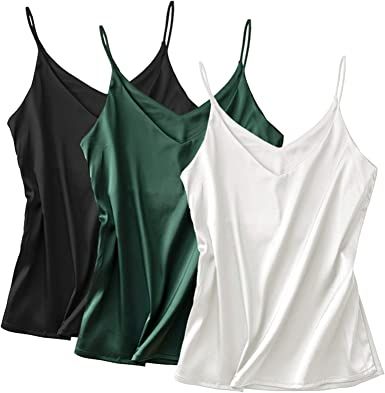 3in1 Womens Satin Silk Tank Top V-Neck Blouse Camisole Loose Sleeveless Shirt Off-White,Black,Green