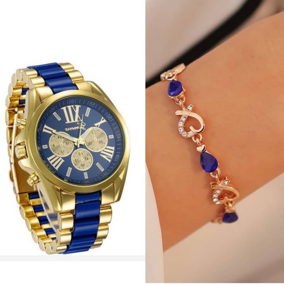 2 In 1 Studded Women Wrist Watch With Bracelet-Gold/Blue