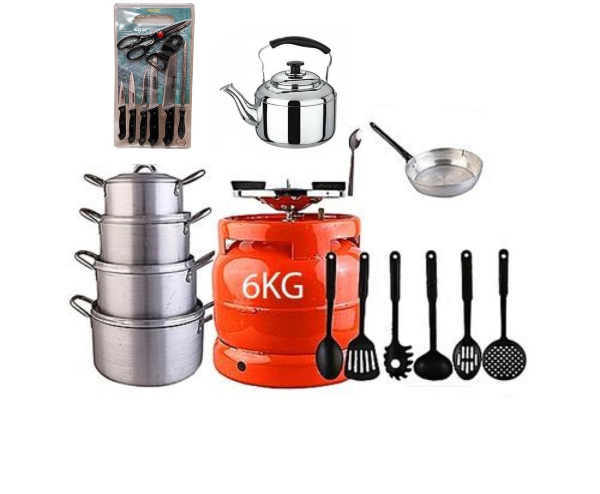 Economy Kitchen Bundle- 4 Set Pots, 1 Kettle, 1 Frying Pan, 1 Set Non-stick Frying Spoon, 1 Small Knife Set, 1 Set Of Table Spoon And 6kg Gas Cylinder