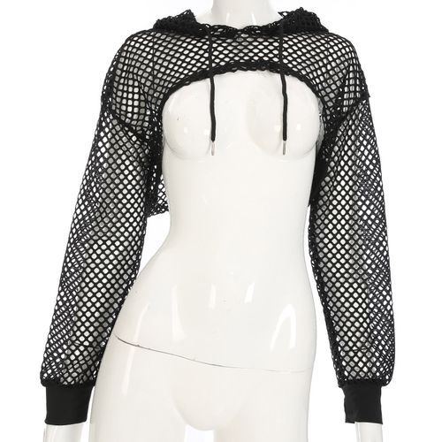 Darlingaga Streetwear Neon Green Mesh Fishnet Top Women Tshirt Perspective Smock Long Sleeve Women's T-shirts Sexy Cropped Shirt(#Black) GAO