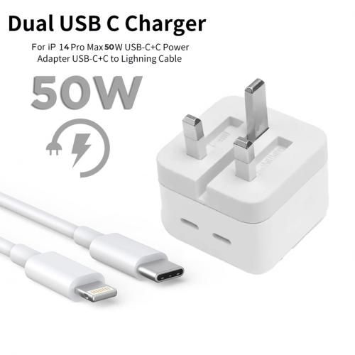 50W Dual Type C Lighting Fast Charger For Iphone 14 Pro Max/14 Plus/14/13 Pro Max/13 Pro/13/13 Mini/12 Pro Max/12 Pro/12/12 Mini/11 Pro Max/11 Pro/11/Xs Max/XR/XS And Ipads