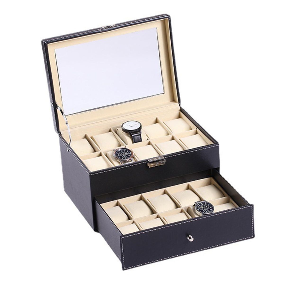 Double-layer Watch Storage Box Flannel Lining Fixed Buffer Buckle Lock Top Glass