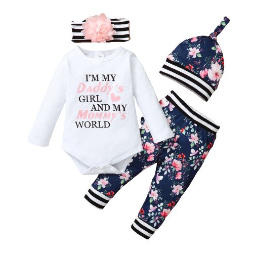 0-18 Months Baby Girl Bodysuit+ Floral Pants+Headwear Hat
