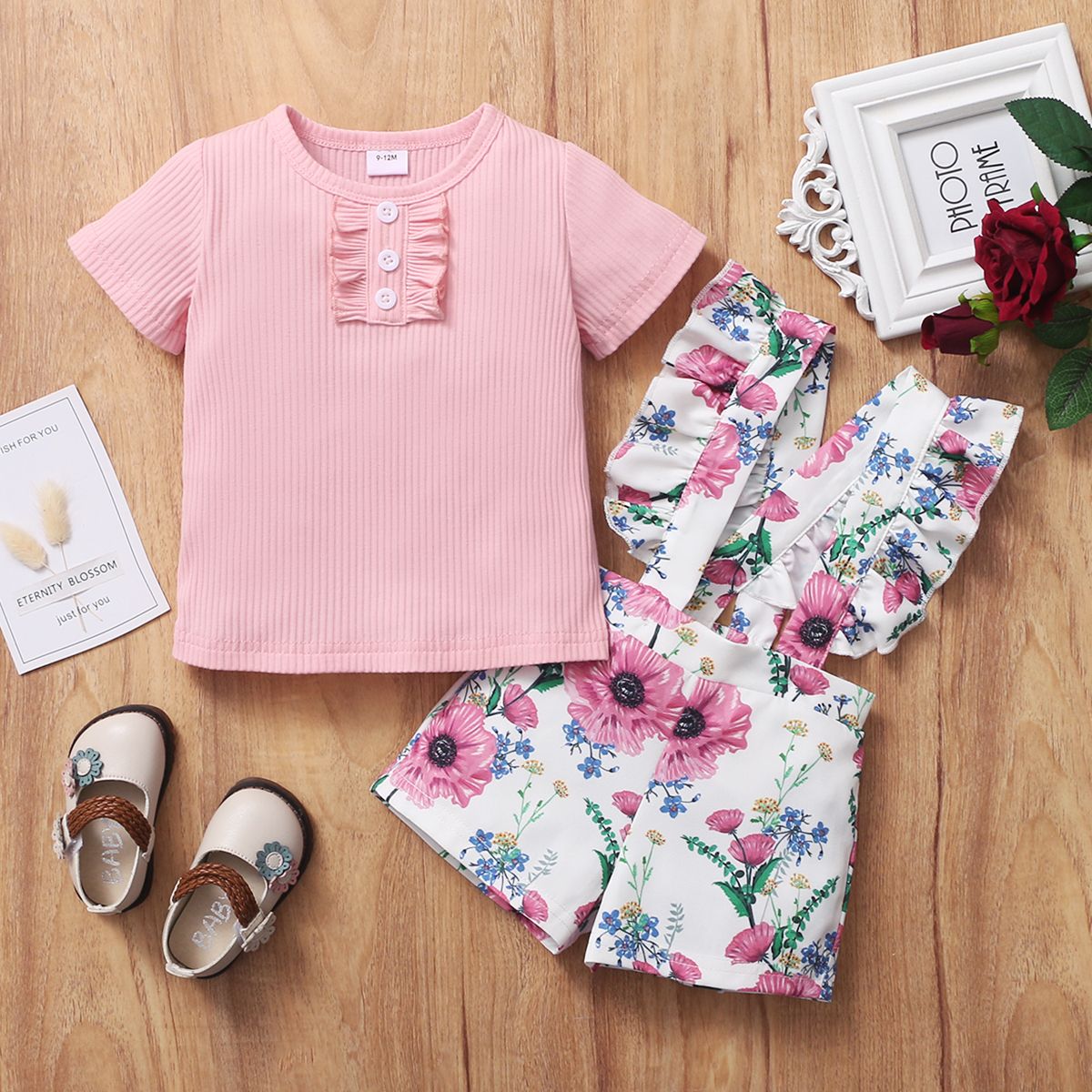Newborn Baby Girls Cute Outfit Set Floral Design Short Sleeve Ribbed Shirt