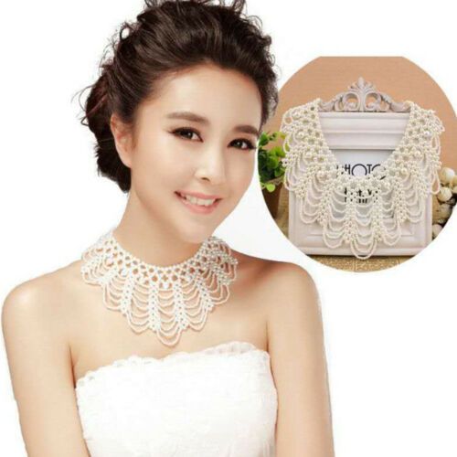 Women Fashion Pearl Beaded Bib Choker Necklace Flower Petal Jewelry Fake Collar