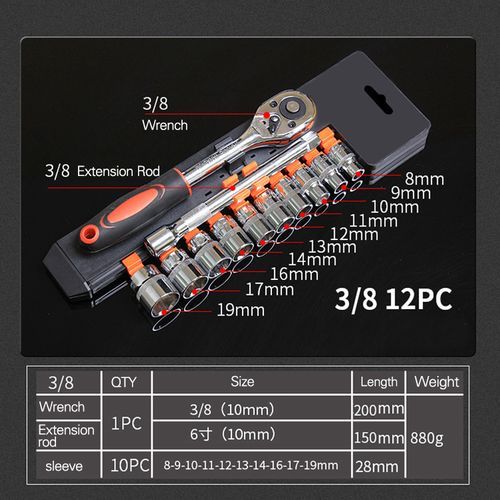 (10mm)Funtionn 12pcs Ratchet Wrench Set 1/4 3/8 1/2 Auto Repair Spanner Tools Hex Socket Sleeve Set 4-24mm DIY Handle DON