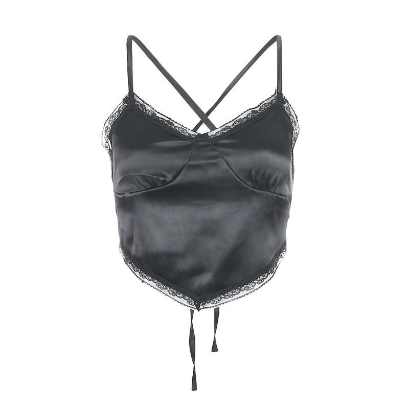 Cuteandpsycho-lace camisole with bare back for women sexy 90-collar blouse Top with fine struts for nightclub Short short t-shirt