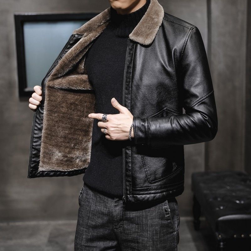 Winter Leather Jacket Lapel Plus Fleece Fur Plus Size Men's Leather Jacket