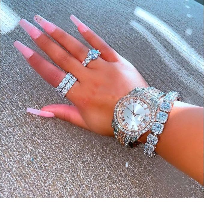 Geneva & Luxury Ladies Gold/Silver Wrist Watch + Tennis Bracelet And Tennis Ring