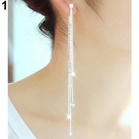 Women\'s Rhinestone Super Long Tassels Drop Dangle Cocktail Party Linear Earrings-Silver