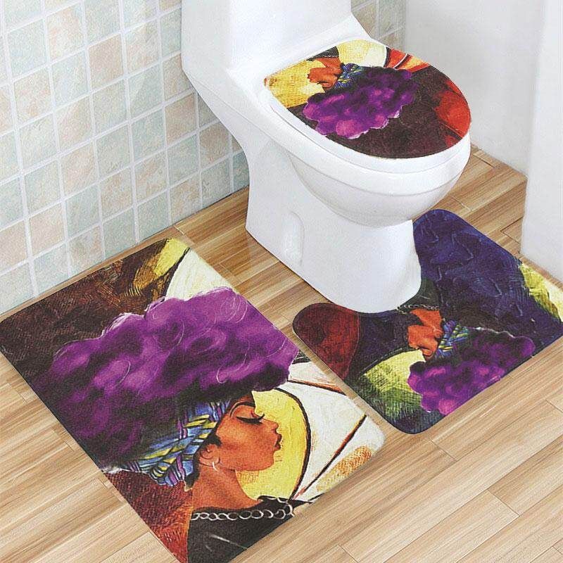 3Pcs/set Abstract Print Bathroom Decoration Non Slip Bathroom Pedestal Rug + Toilet Lid Cover + Floor Mat Bath Mat Three Piece Set For African Women