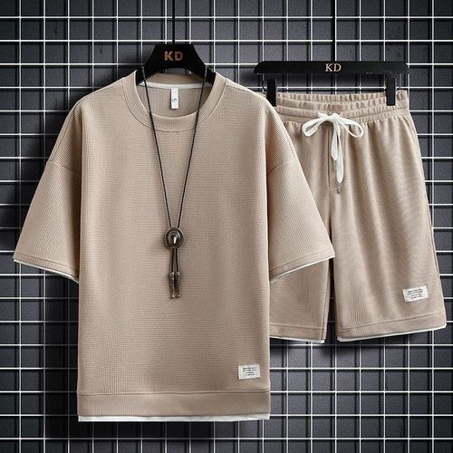 Ins Waffle Short Sleeve T-shirt Suit Boys' Loose Trend Five Point Pants Casual Sports Summer Clothes