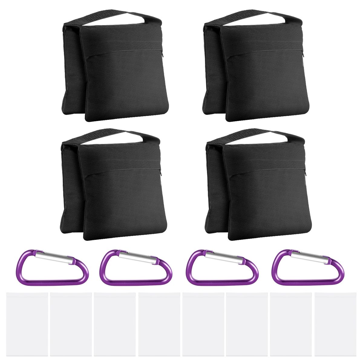 4-Pack Photography Sandbag Sand Bags Saddlebag Design 4 Weight Bags For Photo Video Studio Stand Backyard Outdoor Patio Sports, Transparent PP Bag And Clips Included (Black)