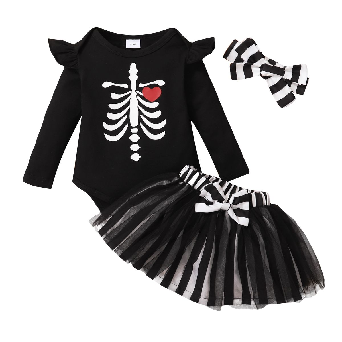 Halloween Baby Girl Skull Print Bodysuit+Skirt+Headband