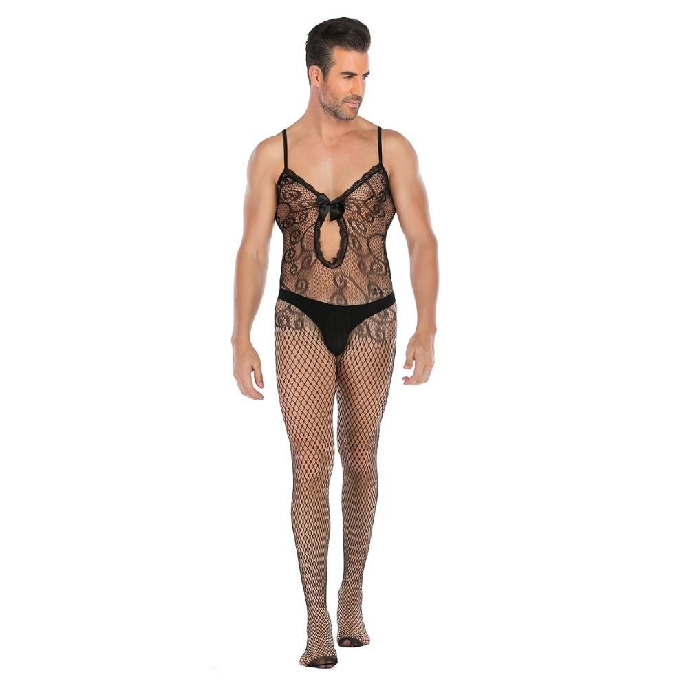 Male Underwear Sleeveless Bodystocking Men Open Crotch Jumpsuit Fishnet