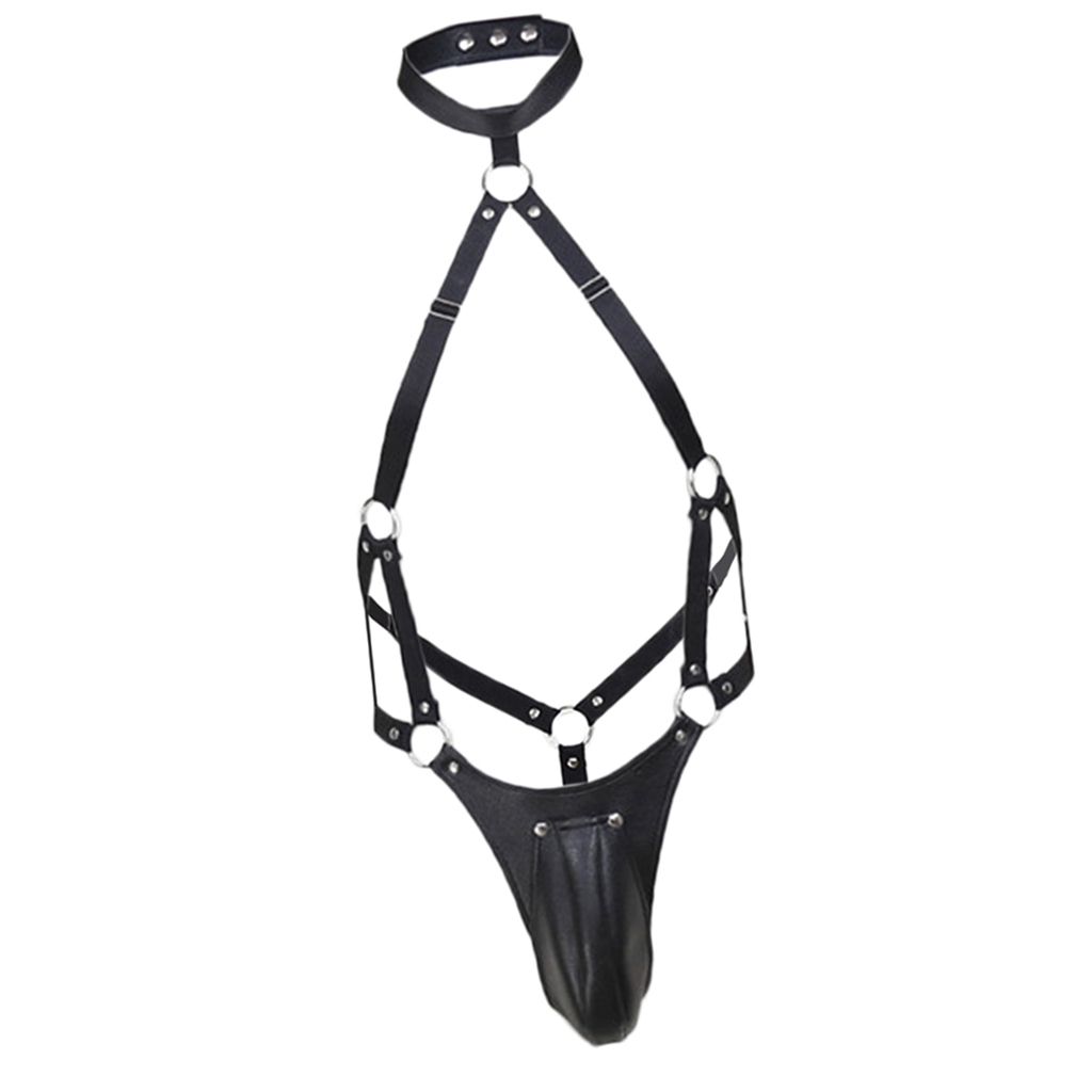 PU Leather Harness Belt Mankini  Cosplay Bodysuit Scrotal Support