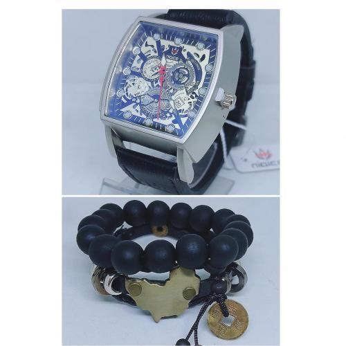 Men Solid Leather Wristwatch & Bracelets + Extra Battery
