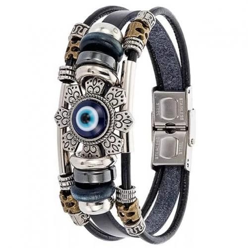 Classic Men Unisex Leather 3 Layer Blue Eye Bracelet