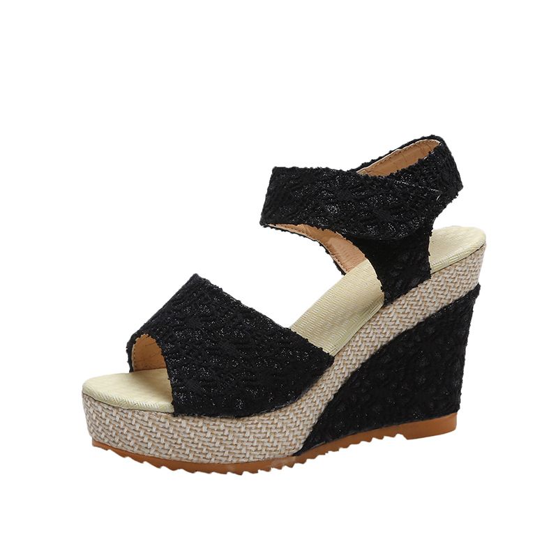 EUR Size35-40 Ladies High Wedge Sandal Shoes-Black