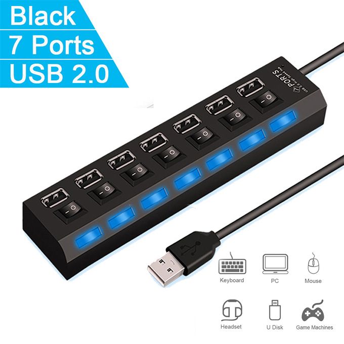 7 IN 1 USB 2.0 High Speed Hub Powered Splitter ON/OFF Switch Power Adapter